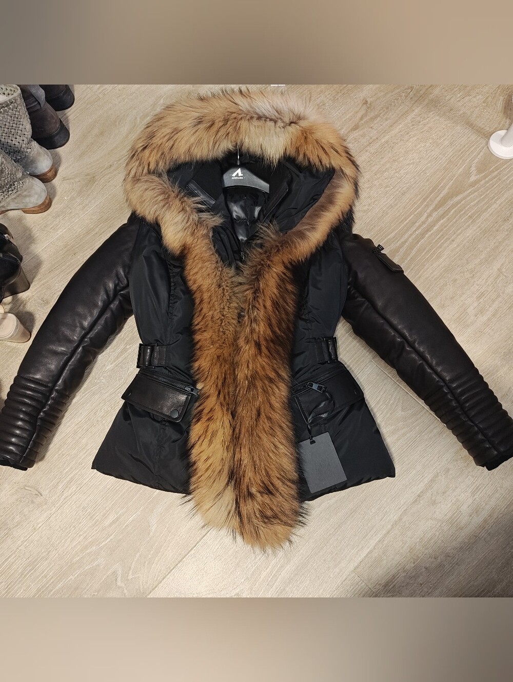 Women’s Black Puffer Jacket with Brown Fur Trim Hood